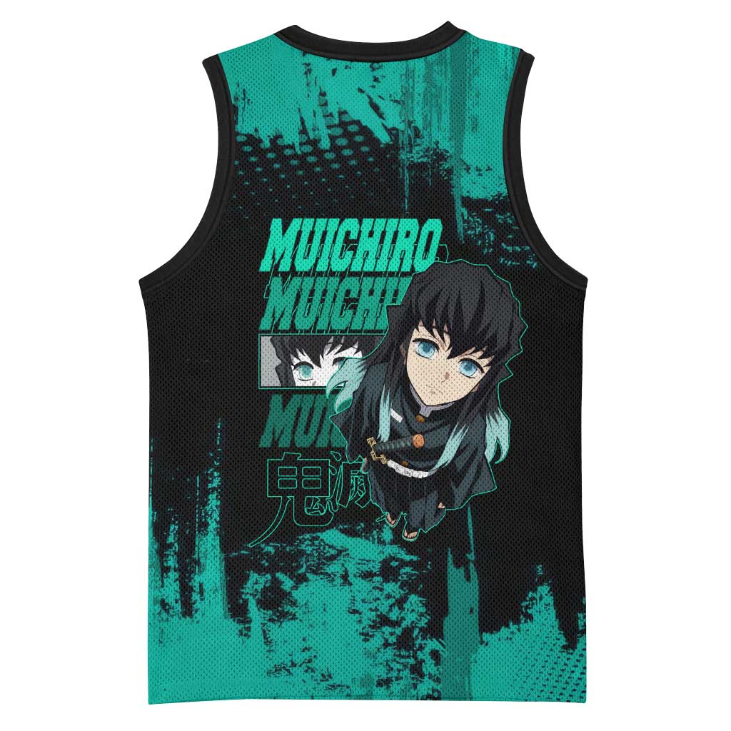 Muichiro Tokito Demon Slayer Green and Black Grunge Style Basketball Jersey with Mist Hashira Eyes and Bold Typography - The Mazicc