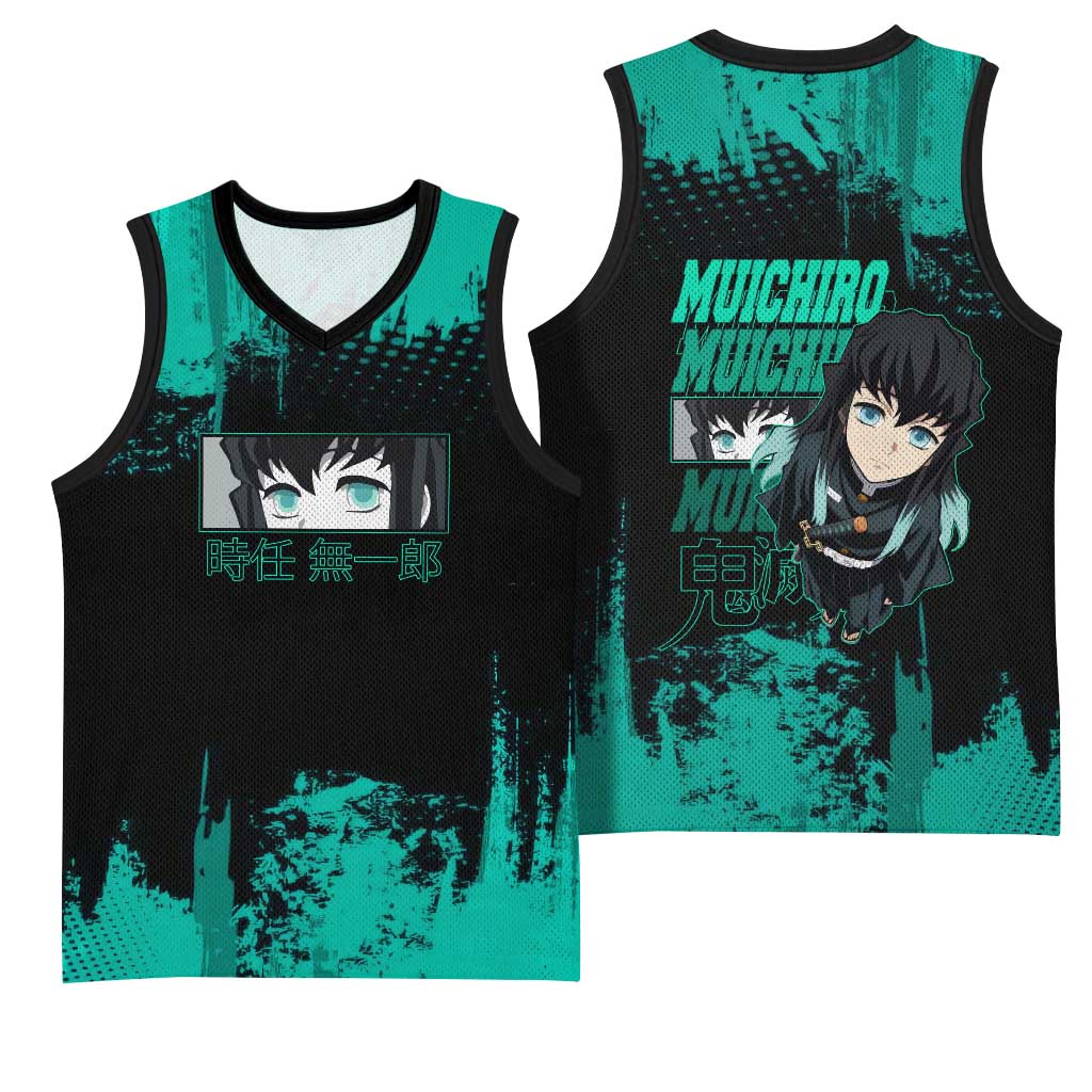 Muichiro Tokito Demon Slayer Green and Black Grunge Style Basketball Jersey with Mist Hashira Eyes and Bold Typography - The Mazicc