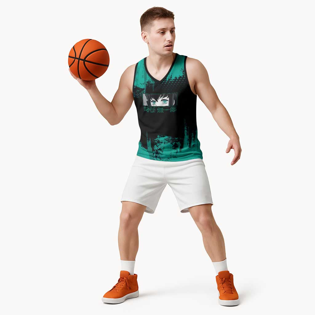 Muichiro Tokito Demon Slayer Green and Black Grunge Style Basketball Jersey with Mist Hashira Eyes and Bold Typography - The Mazicc