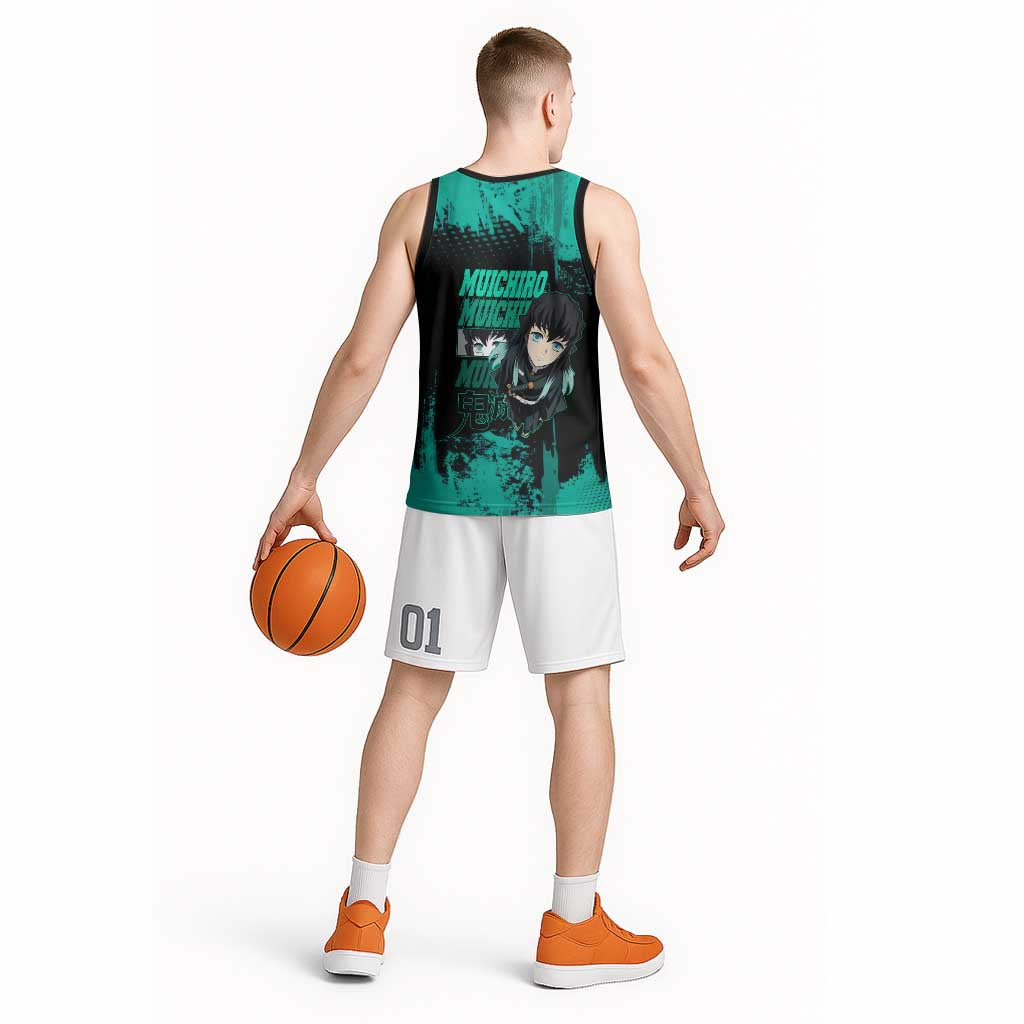 Muichiro Tokito Demon Slayer Green and Black Grunge Style Basketball Jersey with Mist Hashira Eyes and Bold Typography - The Mazicc