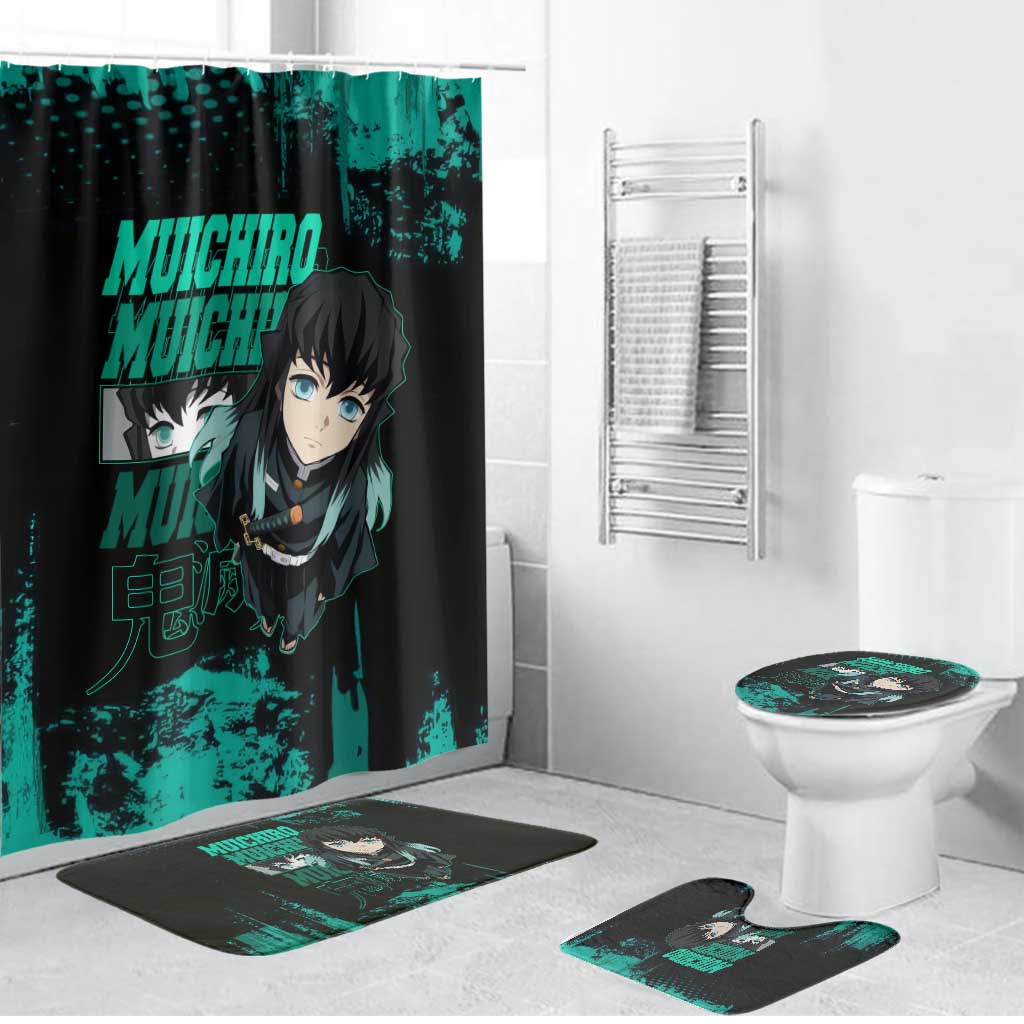 Muichiro Tokito Demon Slayer Green and Black Grunge Style Bathroom Set with Mist Hashira Eyes and Bold Typography - The Mazicc