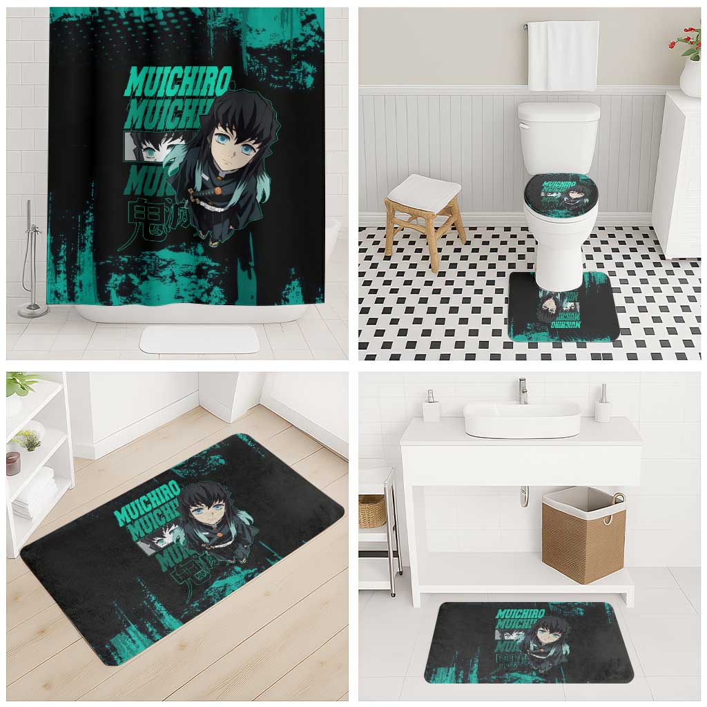 Muichiro Tokito Demon Slayer Green and Black Grunge Style Bathroom Set with Mist Hashira Eyes and Bold Typography - The Mazicc