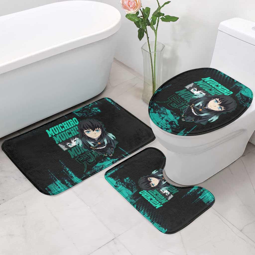 Muichiro Tokito Demon Slayer Green and Black Grunge Style Bathroom Set with Mist Hashira Eyes and Bold Typography - The Mazicc