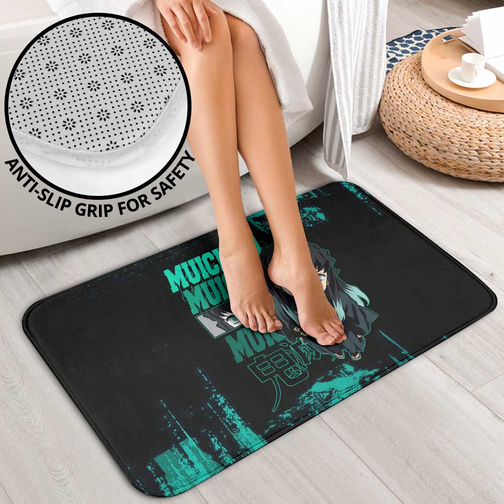 Muichiro Tokito Demon Slayer Green and Black Grunge Style Bathroom Set with Mist Hashira Eyes and Bold Typography - The Mazicc