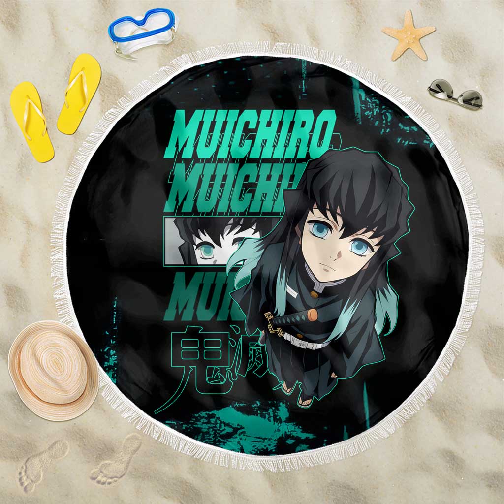 Muichiro Tokito Demon Slayer Green and Black Grunge Style Beach Blanket with Mist Hashira Eyes and Bold Typography - The Mazicc