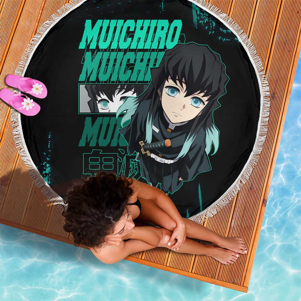 Muichiro Tokito Demon Slayer Green and Black Grunge Style Beach Blanket with Mist Hashira Eyes and Bold Typography - The Mazicc