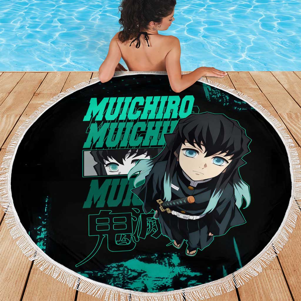 Muichiro Tokito Demon Slayer Green and Black Grunge Style Beach Blanket with Mist Hashira Eyes and Bold Typography - The Mazicc