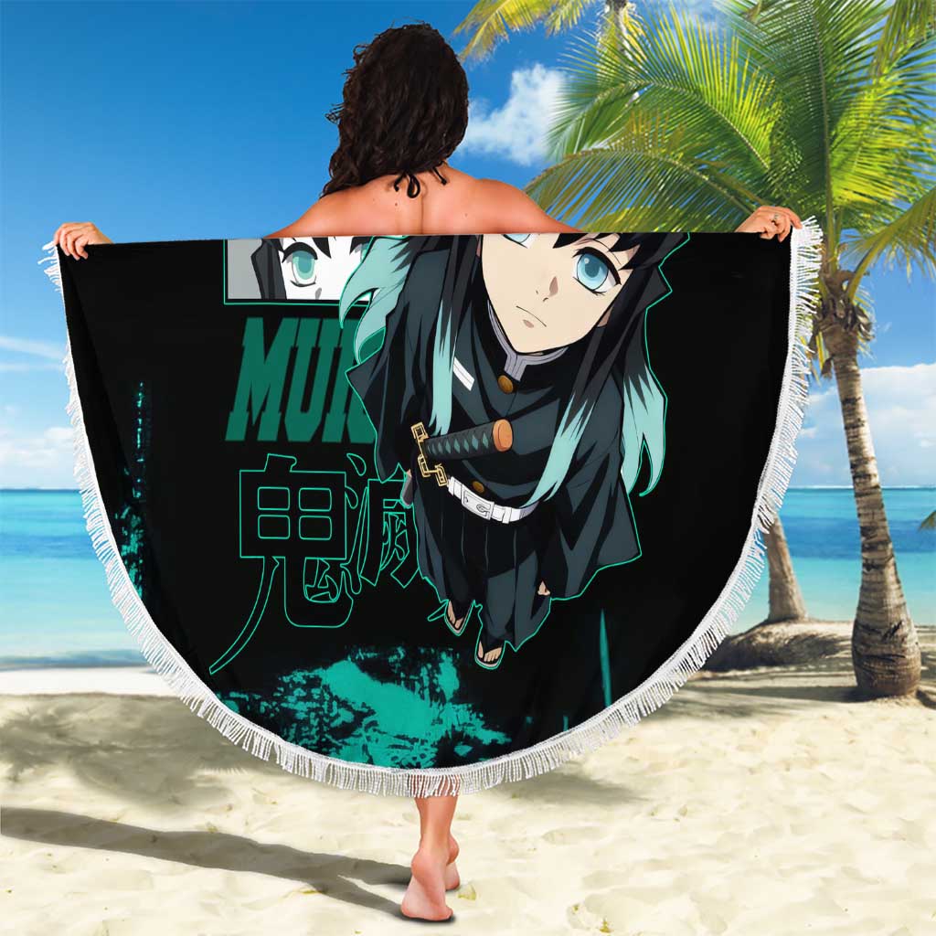 Muichiro Tokito Demon Slayer Green and Black Grunge Style Beach Blanket with Mist Hashira Eyes and Bold Typography - The Mazicc