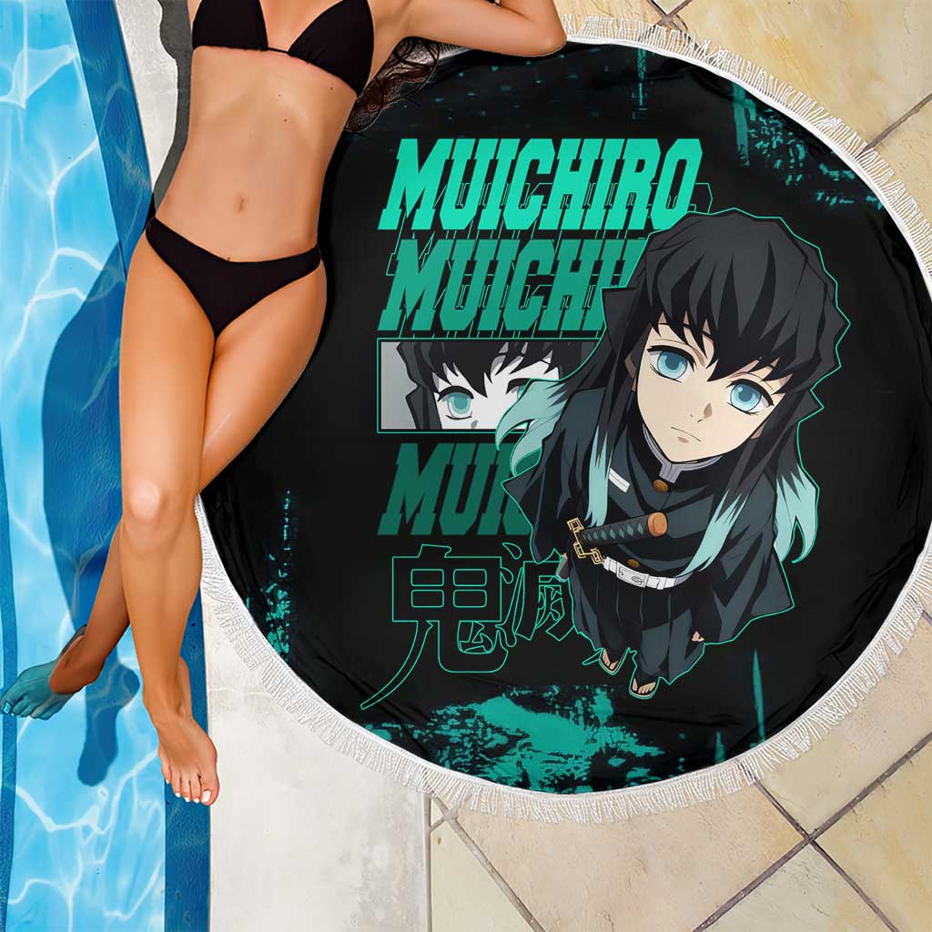 Muichiro Tokito Demon Slayer Green and Black Grunge Style Beach Blanket with Mist Hashira Eyes and Bold Typography - The Mazicc