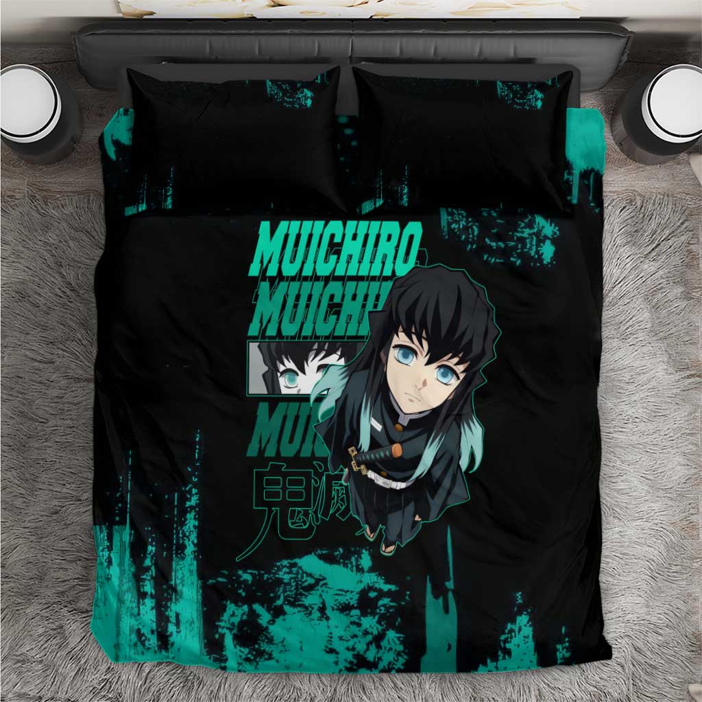 Muichiro Tokito Demon Slayer Green and Black Grunge Style Bedding Set with Mist Hashira Eyes and Bold Typography - The Mazicc