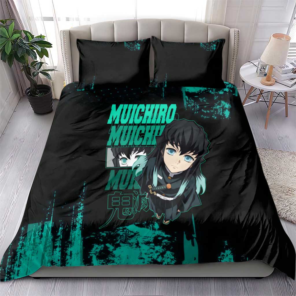 Muichiro Tokito Demon Slayer Green and Black Grunge Style Bedding Set with Mist Hashira Eyes and Bold Typography - The Mazicc