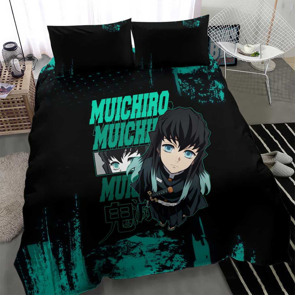 Muichiro Tokito Demon Slayer Green and Black Grunge Style Bedding Set with Mist Hashira Eyes and Bold Typography - The Mazicc