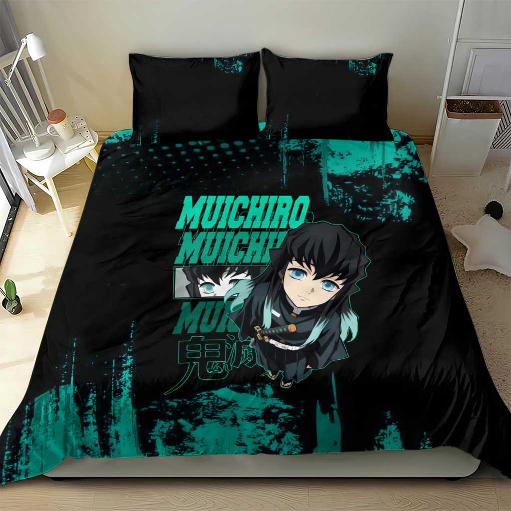 Muichiro Tokito Demon Slayer Green and Black Grunge Style Bedding Set with Mist Hashira Eyes and Bold Typography - The Mazicc