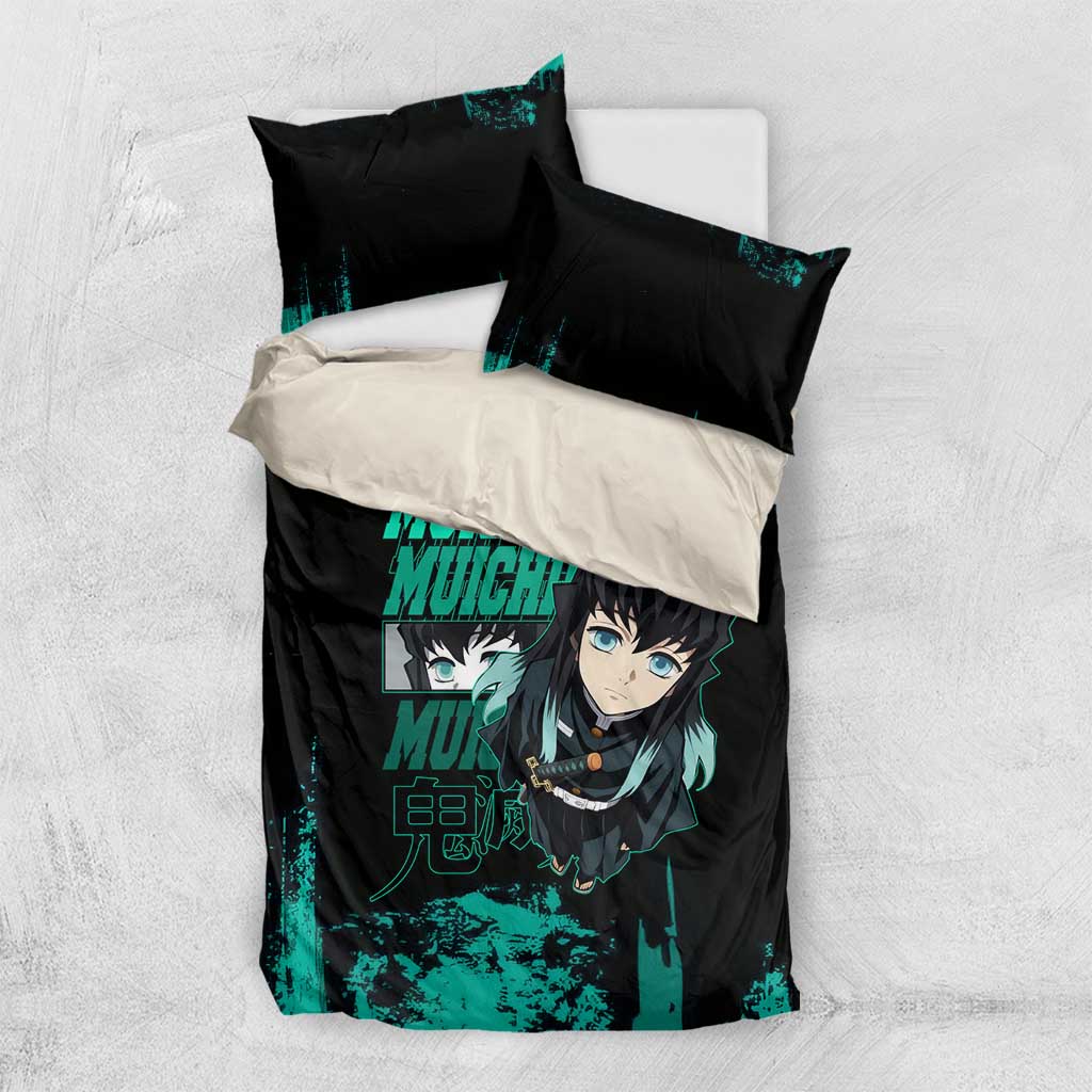 Muichiro Tokito Demon Slayer Green and Black Grunge Style Bedding Set with Mist Hashira Eyes and Bold Typography - The Mazicc