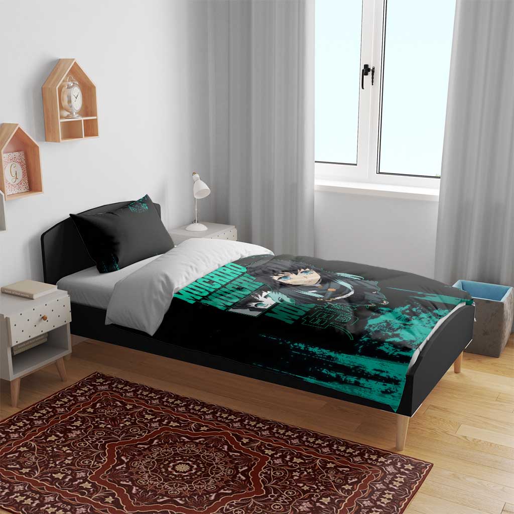 Muichiro Tokito Demon Slayer Green and Black Grunge Style Bedding Set with Mist Hashira Eyes and Bold Typography - The Mazicc