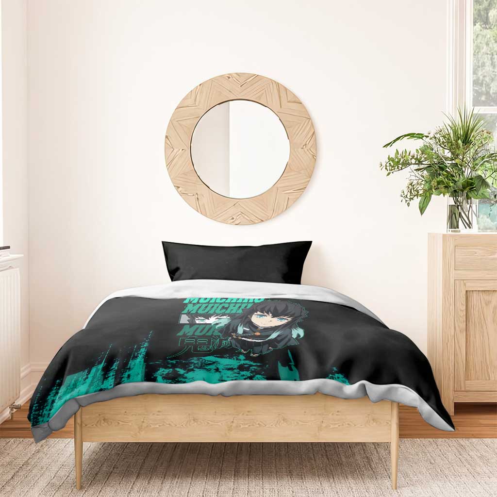 Muichiro Tokito Demon Slayer Green and Black Grunge Style Bedding Set with Mist Hashira Eyes and Bold Typography - The Mazicc