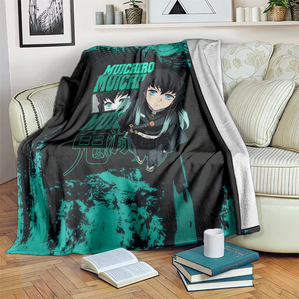 Muichiro Tokito Demon Slayer Green and Black Grunge Style Blanket with Mist Hashira Eyes and Bold Typography - The Mazicc