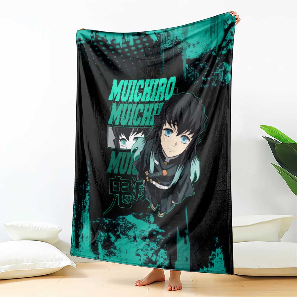 Muichiro Tokito Demon Slayer Green and Black Grunge Style Blanket with Mist Hashira Eyes and Bold Typography - The Mazicc