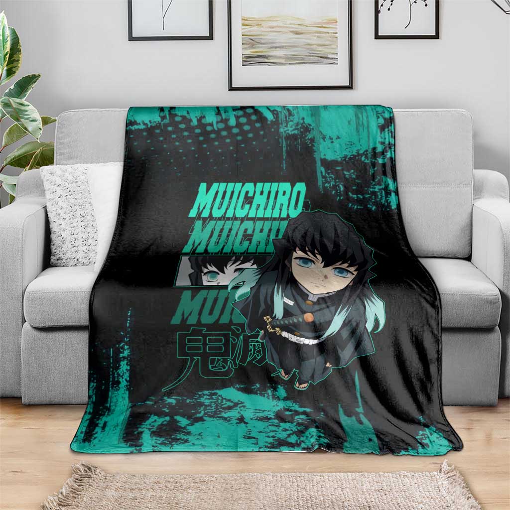 Muichiro Tokito Demon Slayer Green and Black Grunge Style Blanket with Mist Hashira Eyes and Bold Typography - The Mazicc
