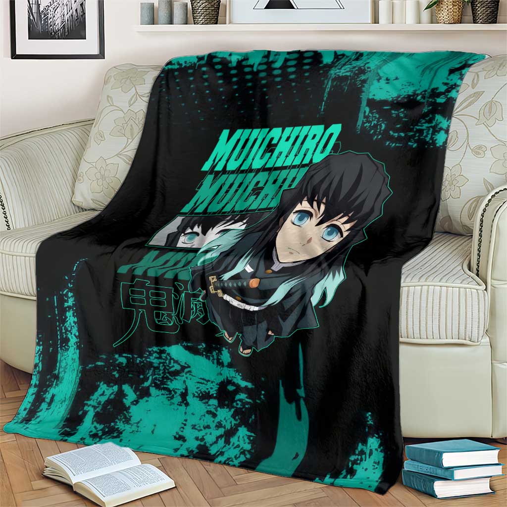 Muichiro Tokito Demon Slayer Green and Black Grunge Style Blanket with Mist Hashira Eyes and Bold Typography - The Mazicc