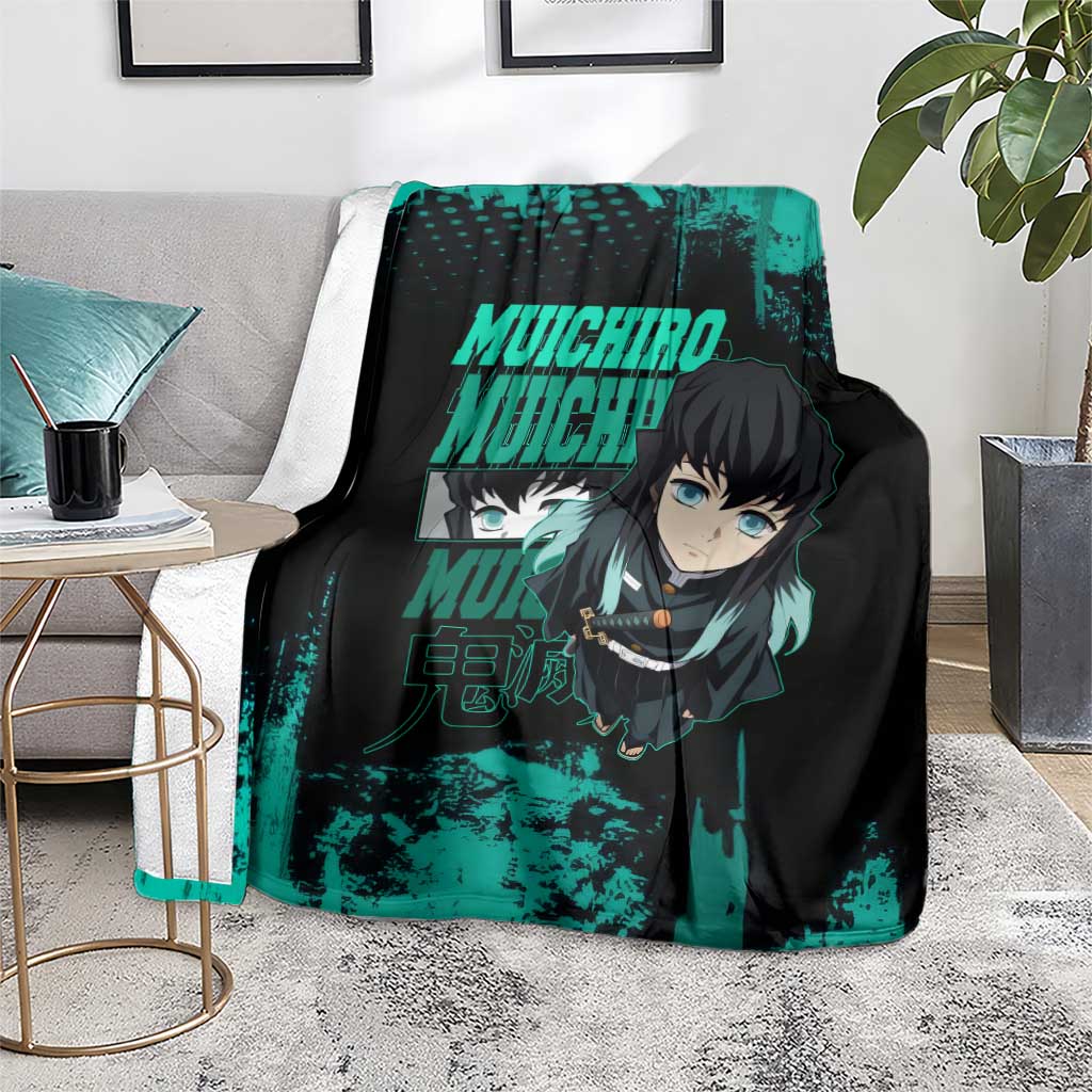 Muichiro Tokito Demon Slayer Green and Black Grunge Style Blanket with Mist Hashira Eyes and Bold Typography - The Mazicc