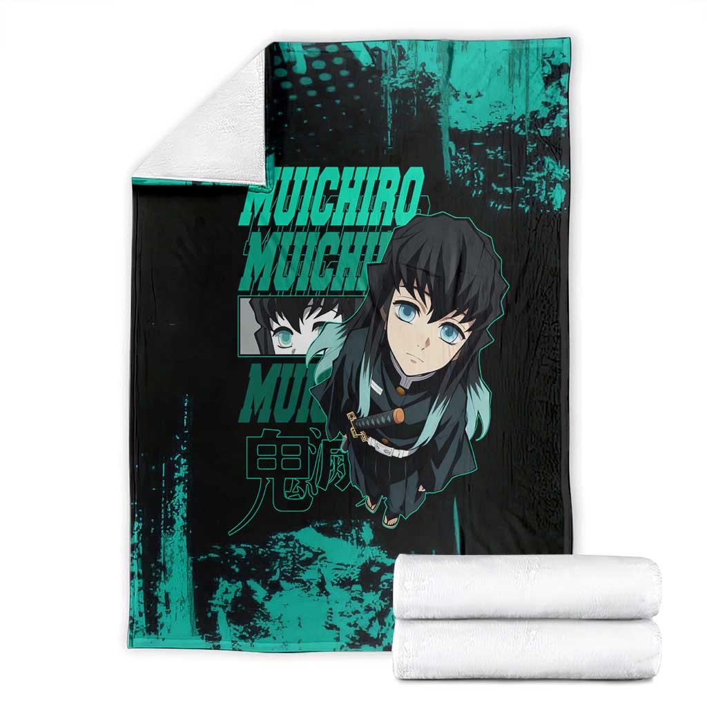 Muichiro Tokito Demon Slayer Green and Black Grunge Style Blanket with Mist Hashira Eyes and Bold Typography - The Mazicc