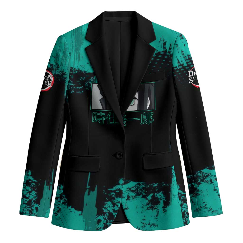 Muichiro Tokito Demon Slayer Green and Black Grunge Style Blazer with Mist Hashira Eyes and Bold Typography - The Mazicc