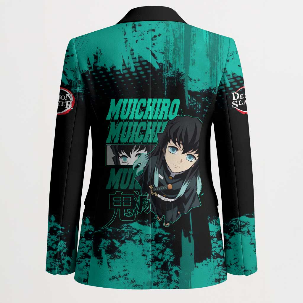 Muichiro Tokito Demon Slayer Green and Black Grunge Style Blazer with Mist Hashira Eyes and Bold Typography - The Mazicc