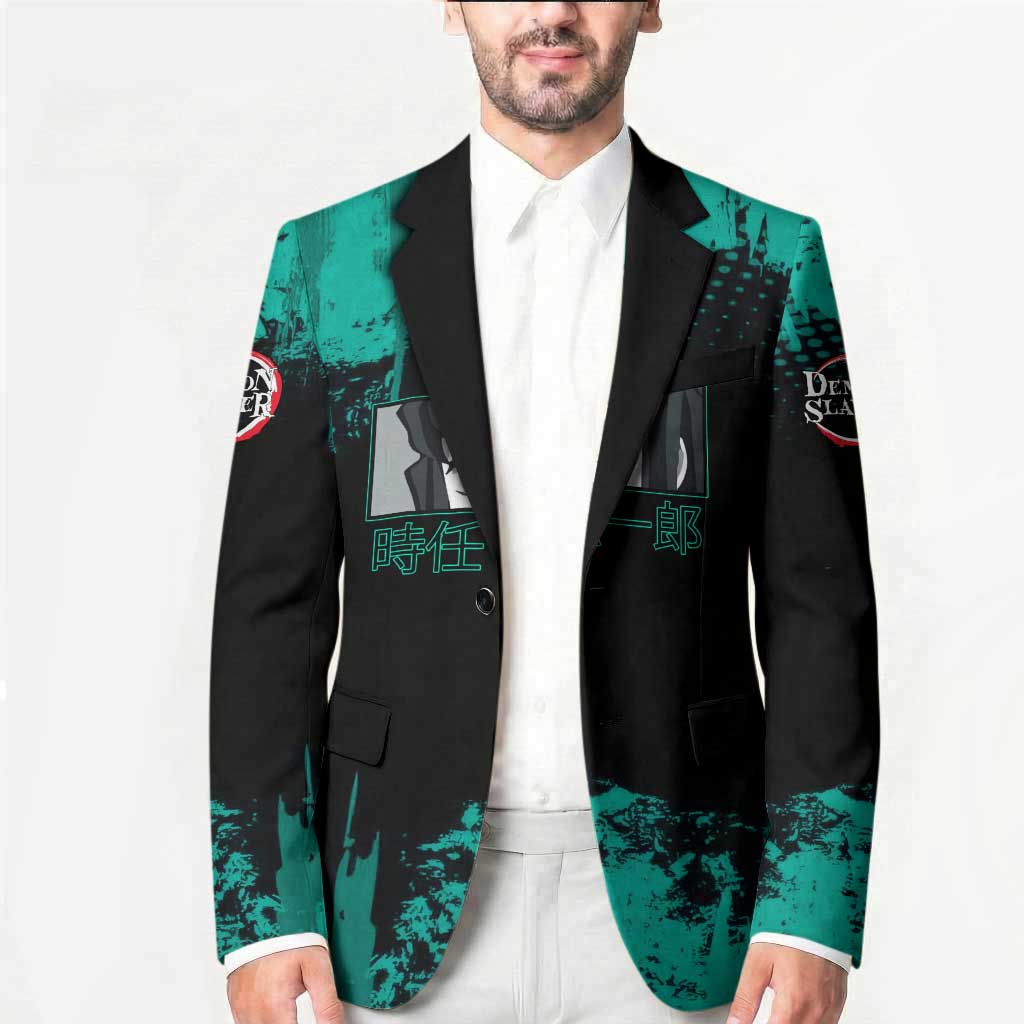 Muichiro Tokito Demon Slayer Green and Black Grunge Style Blazer with Mist Hashira Eyes and Bold Typography - The Mazicc
