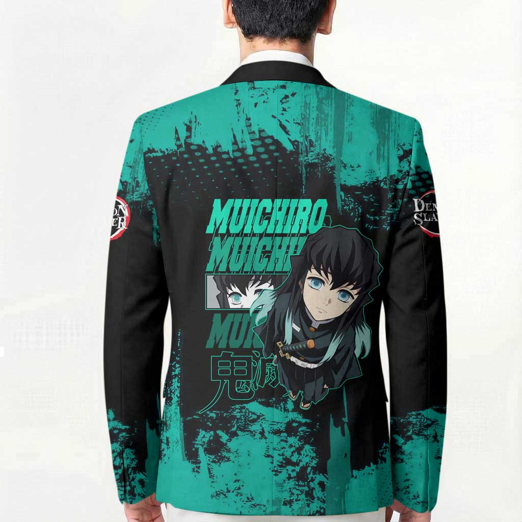 Muichiro Tokito Demon Slayer Green and Black Grunge Style Blazer with Mist Hashira Eyes and Bold Typography - The Mazicc
