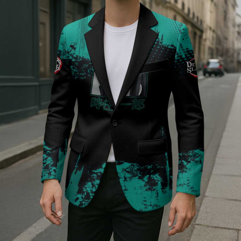 Muichiro Tokito Demon Slayer Green and Black Grunge Style Blazer with Mist Hashira Eyes and Bold Typography - The Mazicc