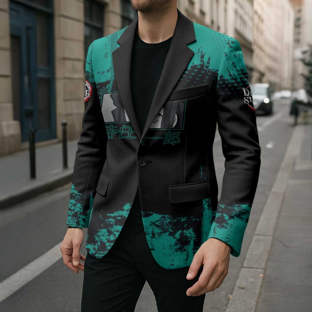 Muichiro Tokito Demon Slayer Green and Black Grunge Style Blazer with Mist Hashira Eyes and Bold Typography - The Mazicc