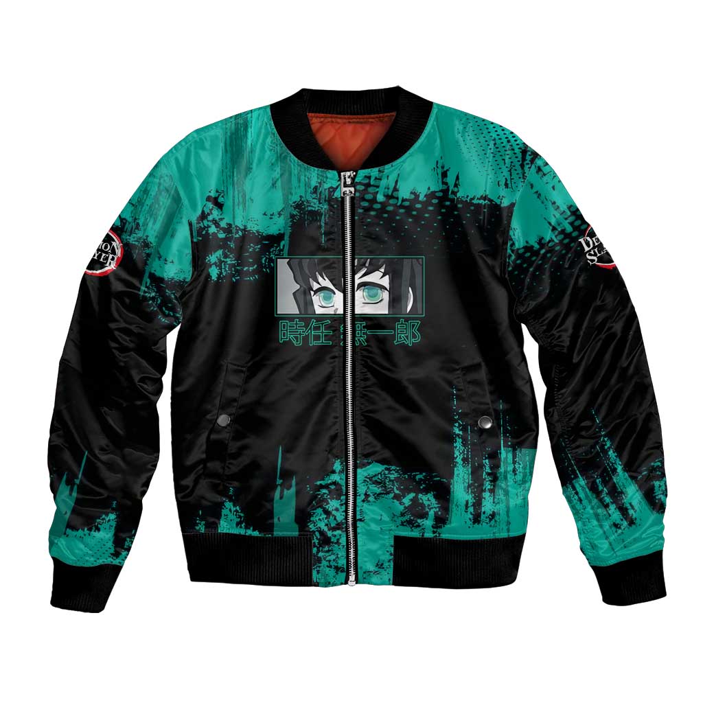 Muichiro Tokito Demon Slayer Green and Black Grunge Style Bomber Jacket with Mist Hashira Eyes and Bold Typography - The Mazicc