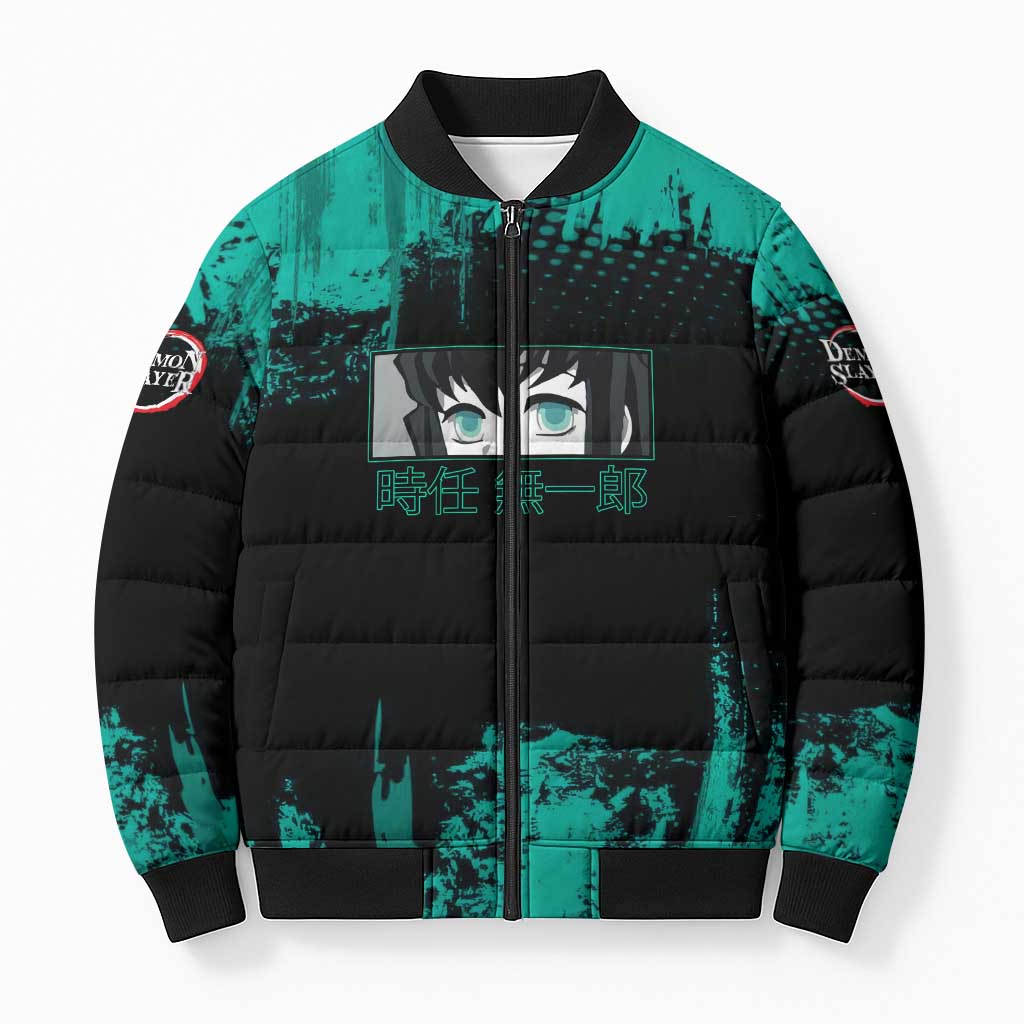 Muichiro Tokito Demon Slayer Green and Black Grunge Style Bomber Puffer Jacket with Mist Hashira Eyes and Bold Typography - The Mazicc