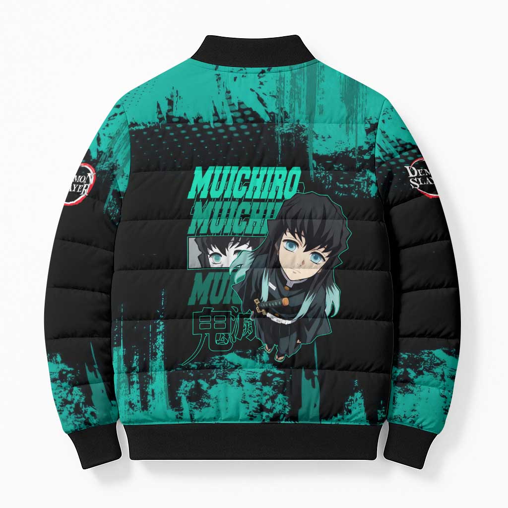 Muichiro Tokito Demon Slayer Green and Black Grunge Style Bomber Puffer Jacket with Mist Hashira Eyes and Bold Typography - The Mazicc