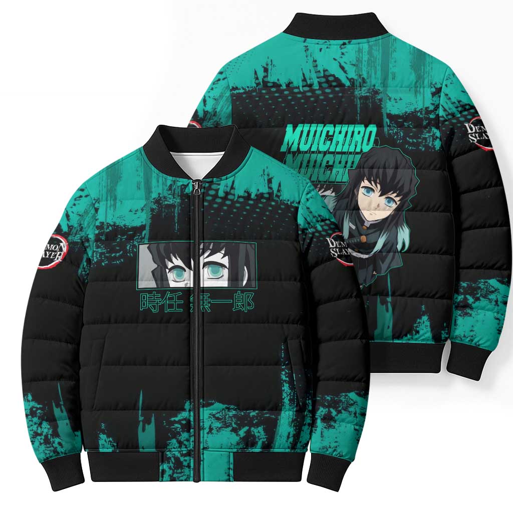 Muichiro Tokito Demon Slayer Green and Black Grunge Style Bomber Puffer Jacket with Mist Hashira Eyes and Bold Typography - The Mazicc