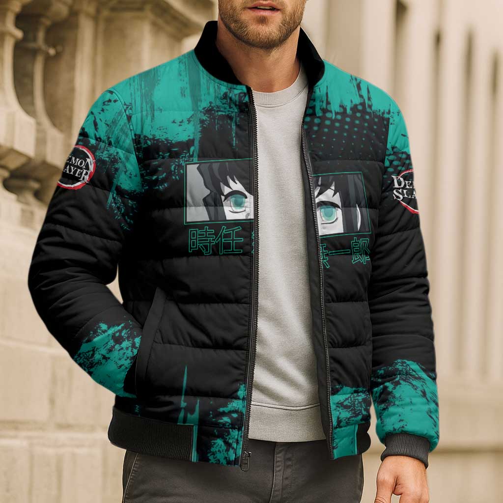 Muichiro Tokito Demon Slayer Green and Black Grunge Style Bomber Puffer Jacket with Mist Hashira Eyes and Bold Typography - The Mazicc