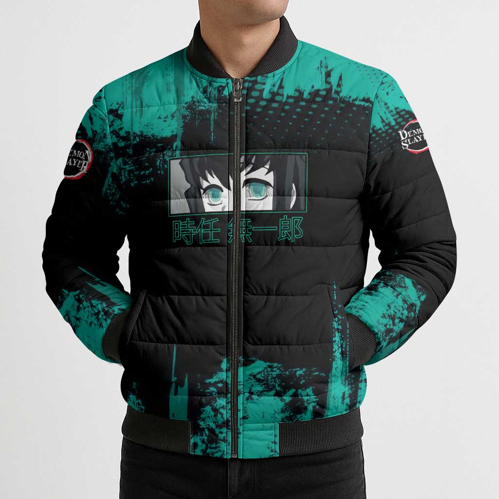 Muichiro Tokito Demon Slayer Green and Black Grunge Style Bomber Puffer Jacket with Mist Hashira Eyes and Bold Typography - The Mazicc