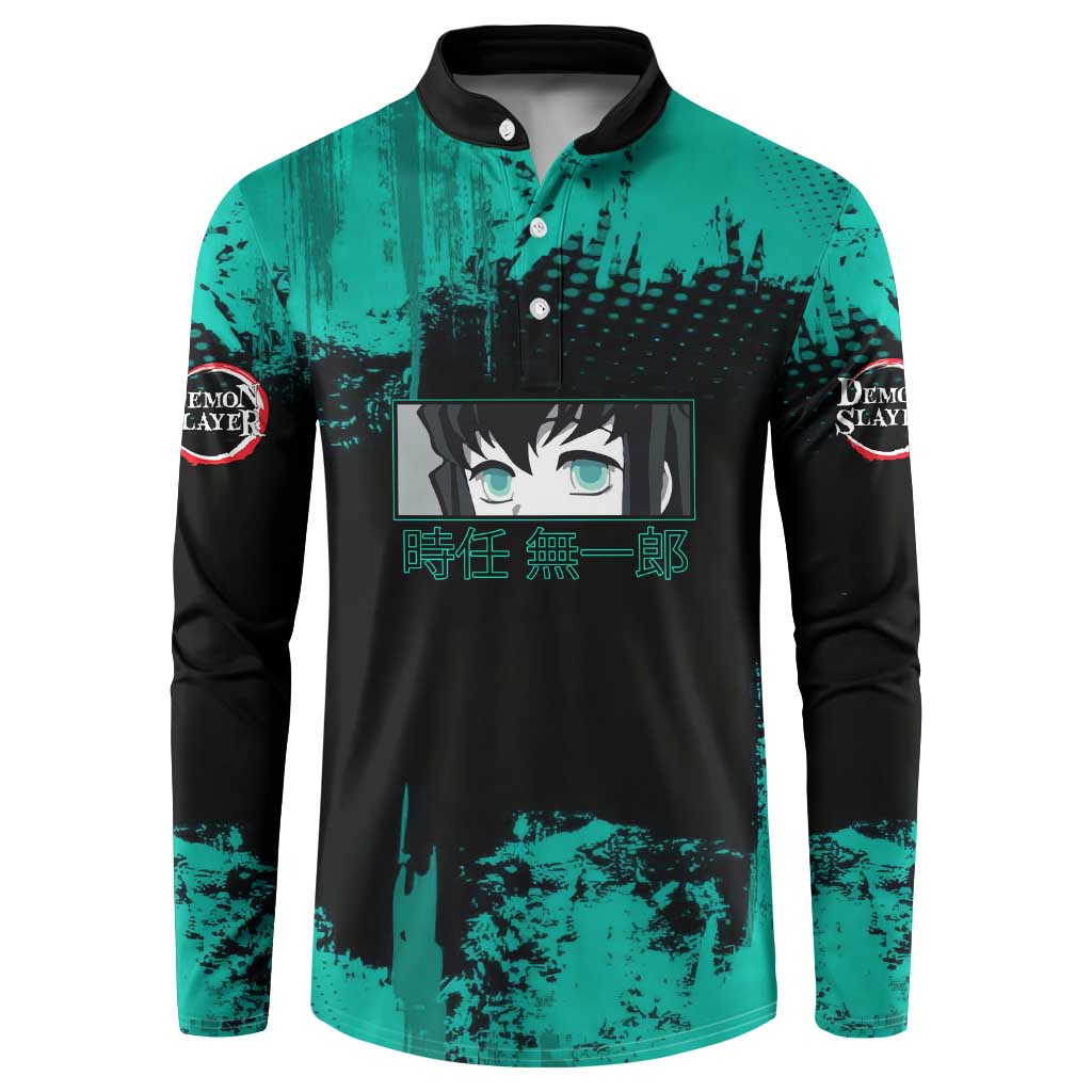 Muichiro Tokito Demon Slayer Green and Black Grunge Style Button Sweatshirt with Mist Hashira Eyes and Bold Typography - The Mazicc