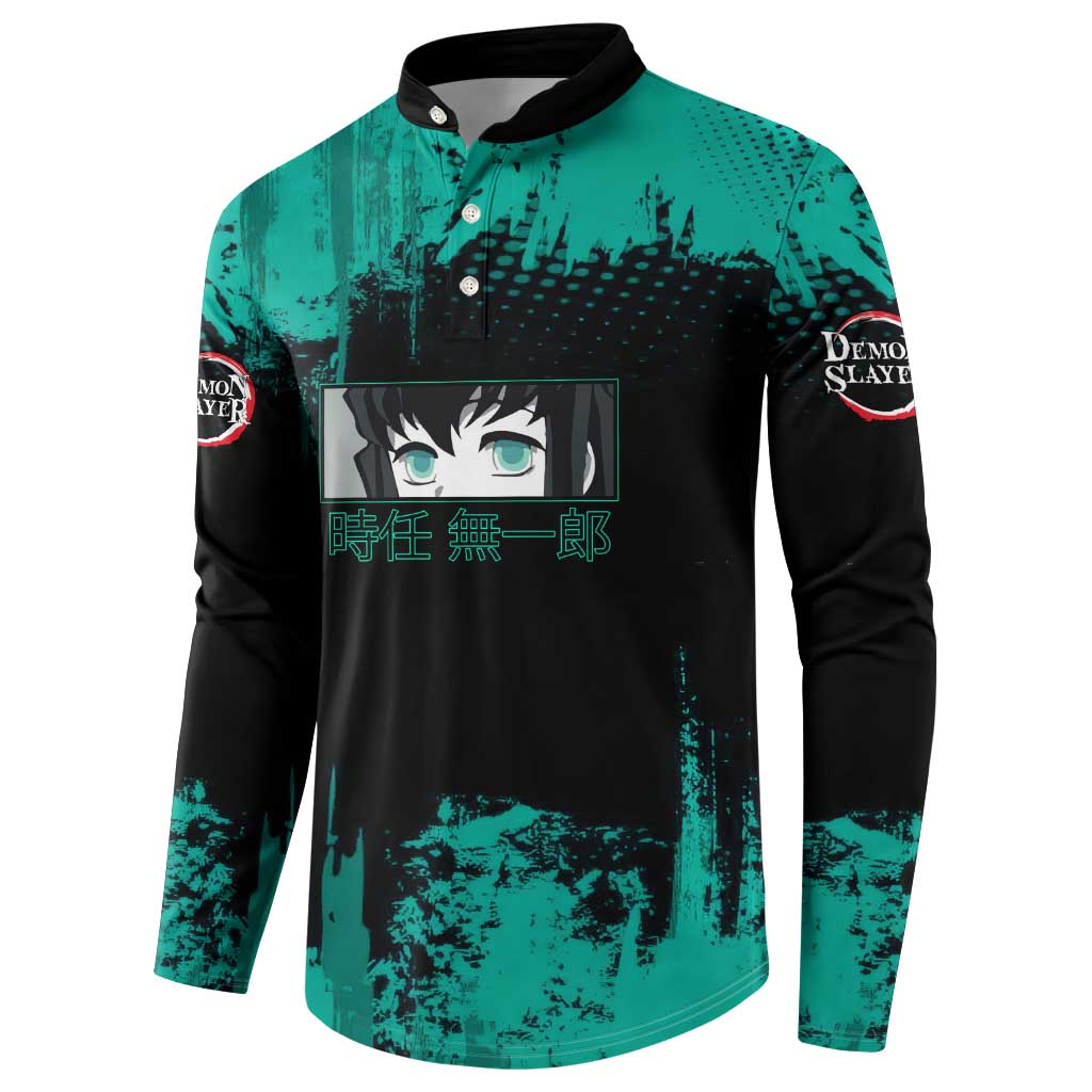 Muichiro Tokito Demon Slayer Green and Black Grunge Style Button Sweatshirt with Mist Hashira Eyes and Bold Typography - The Mazicc