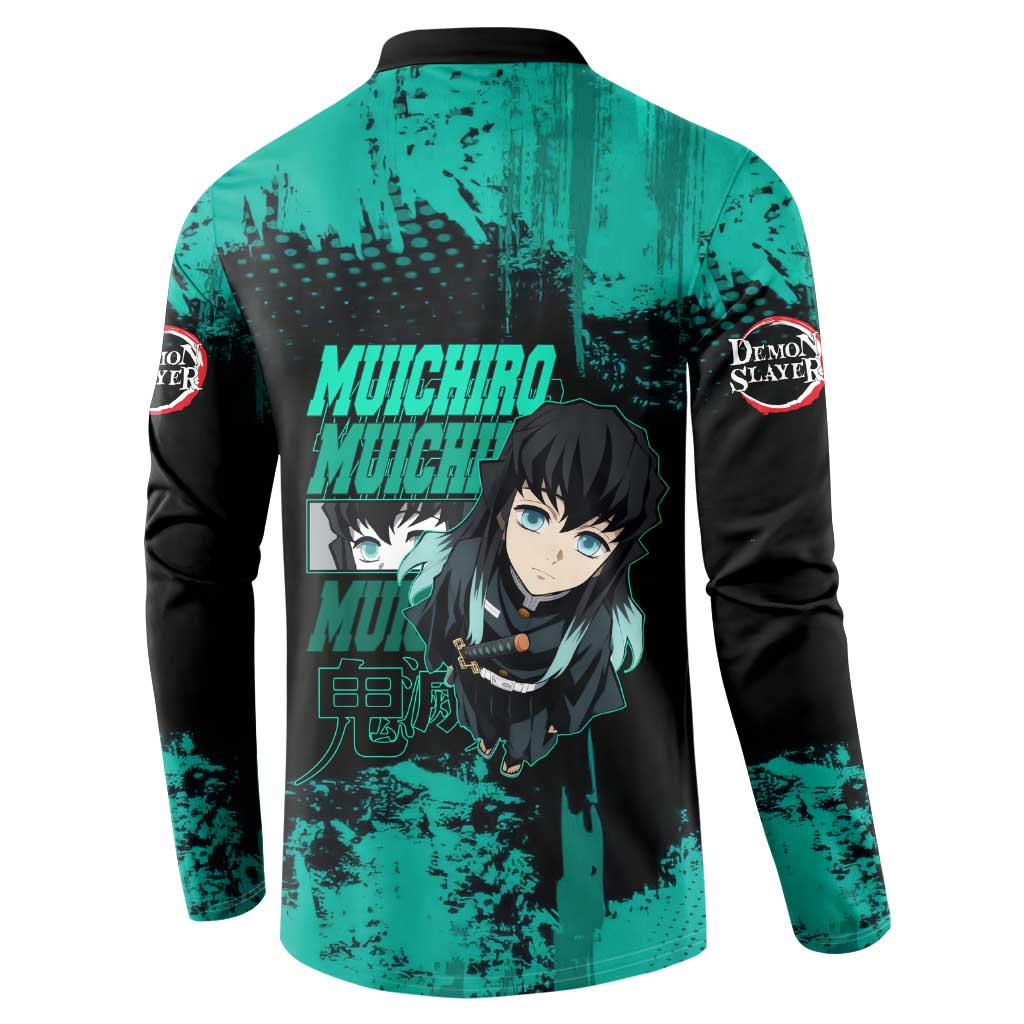 Muichiro Tokito Demon Slayer Green and Black Grunge Style Button Sweatshirt with Mist Hashira Eyes and Bold Typography - The Mazicc