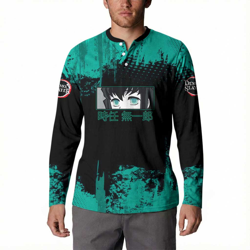 Muichiro Tokito Demon Slayer Green and Black Grunge Style Button Sweatshirt with Mist Hashira Eyes and Bold Typography - The Mazicc