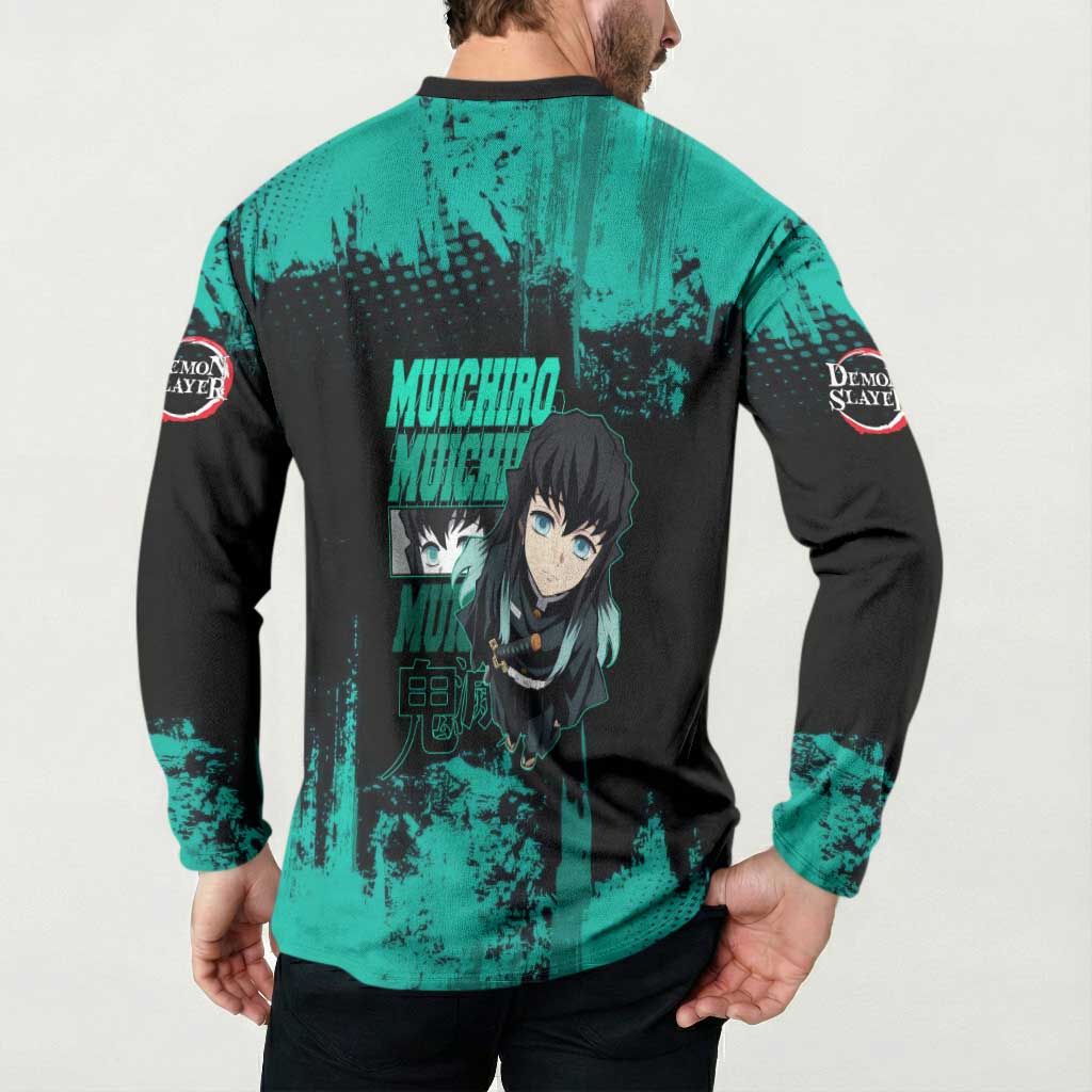 Muichiro Tokito Demon Slayer Green and Black Grunge Style Button Sweatshirt with Mist Hashira Eyes and Bold Typography - The Mazicc