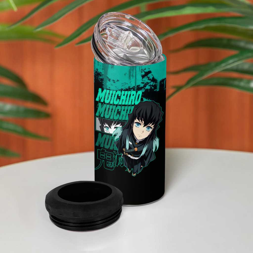 Muichiro Tokito Demon Slayer Green and Black Grunge Style 4 in 1 Can Cooler Tumbler with Mist Hashira Eyes and Bold Typography - The Mazicc