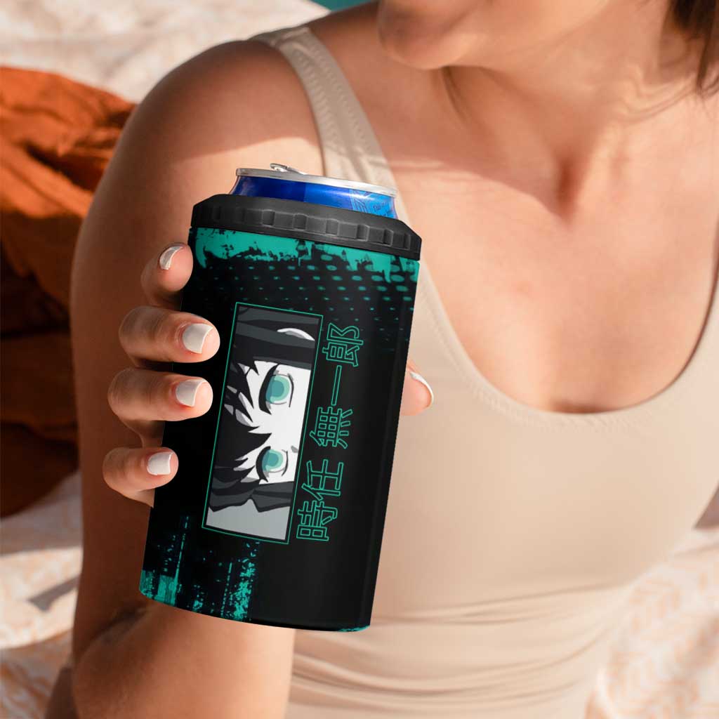 Muichiro Tokito Demon Slayer Green and Black Grunge Style 4 in 1 Can Cooler Tumbler with Mist Hashira Eyes and Bold Typography - The Mazicc
