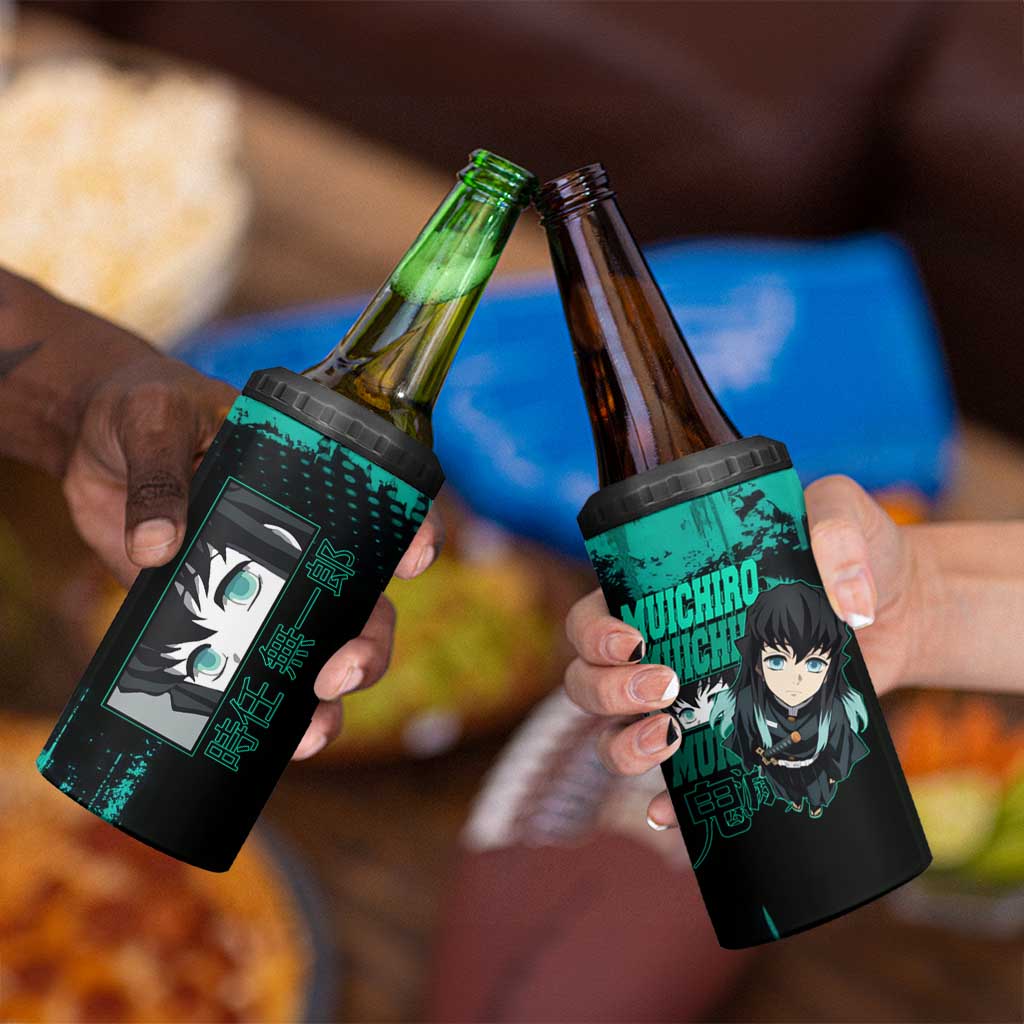 Muichiro Tokito Demon Slayer Green and Black Grunge Style 4 in 1 Can Cooler Tumbler with Mist Hashira Eyes and Bold Typography - The Mazicc