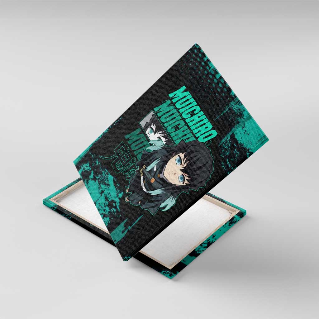 Muichiro Tokito Demon Slayer Green and Black Grunge Style Canvas Wall Art with Mist Hashira Eyes and Bold Typography - The Mazicc