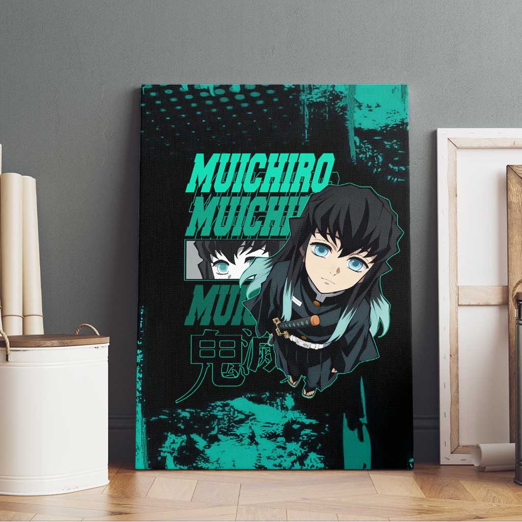 Muichiro Tokito Demon Slayer Green and Black Grunge Style Canvas Wall Art with Mist Hashira Eyes and Bold Typography - The Mazicc