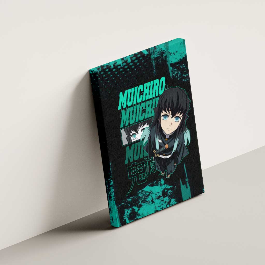 Muichiro Tokito Demon Slayer Green and Black Grunge Style Canvas Wall Art with Mist Hashira Eyes and Bold Typography - The Mazicc