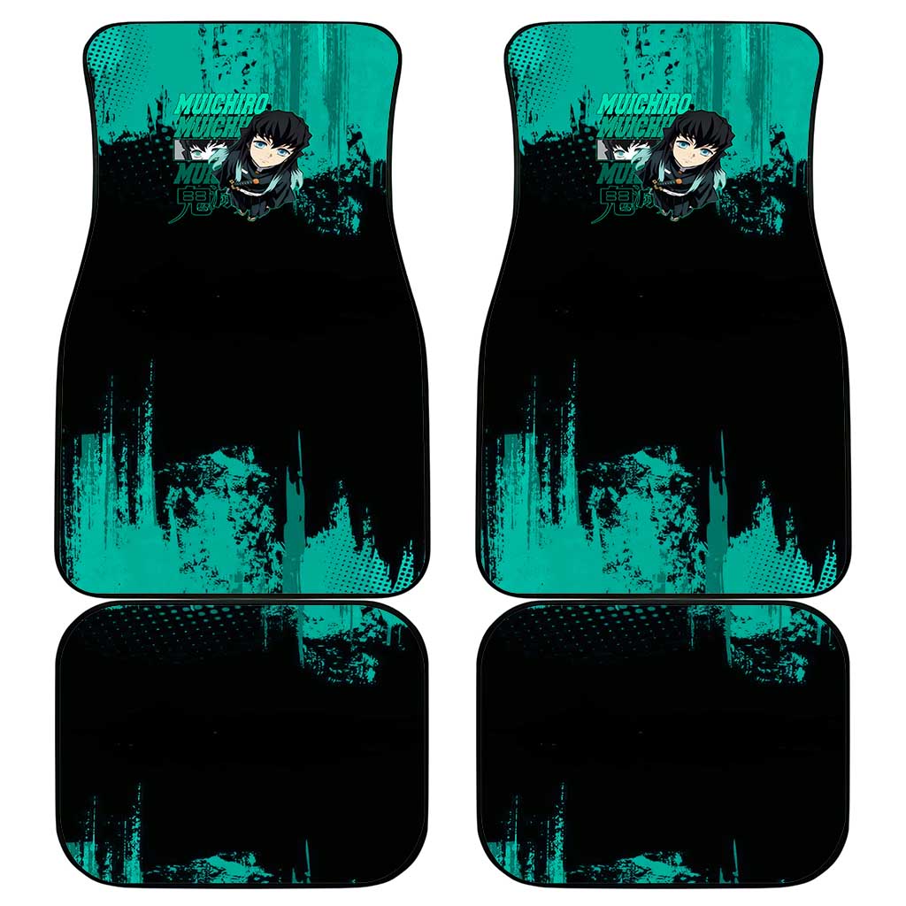 Muichiro Tokito Demon Slayer Green and Black Grunge Style Car Mats with Mist Hashira Eyes and Bold Typography - The Mazicc